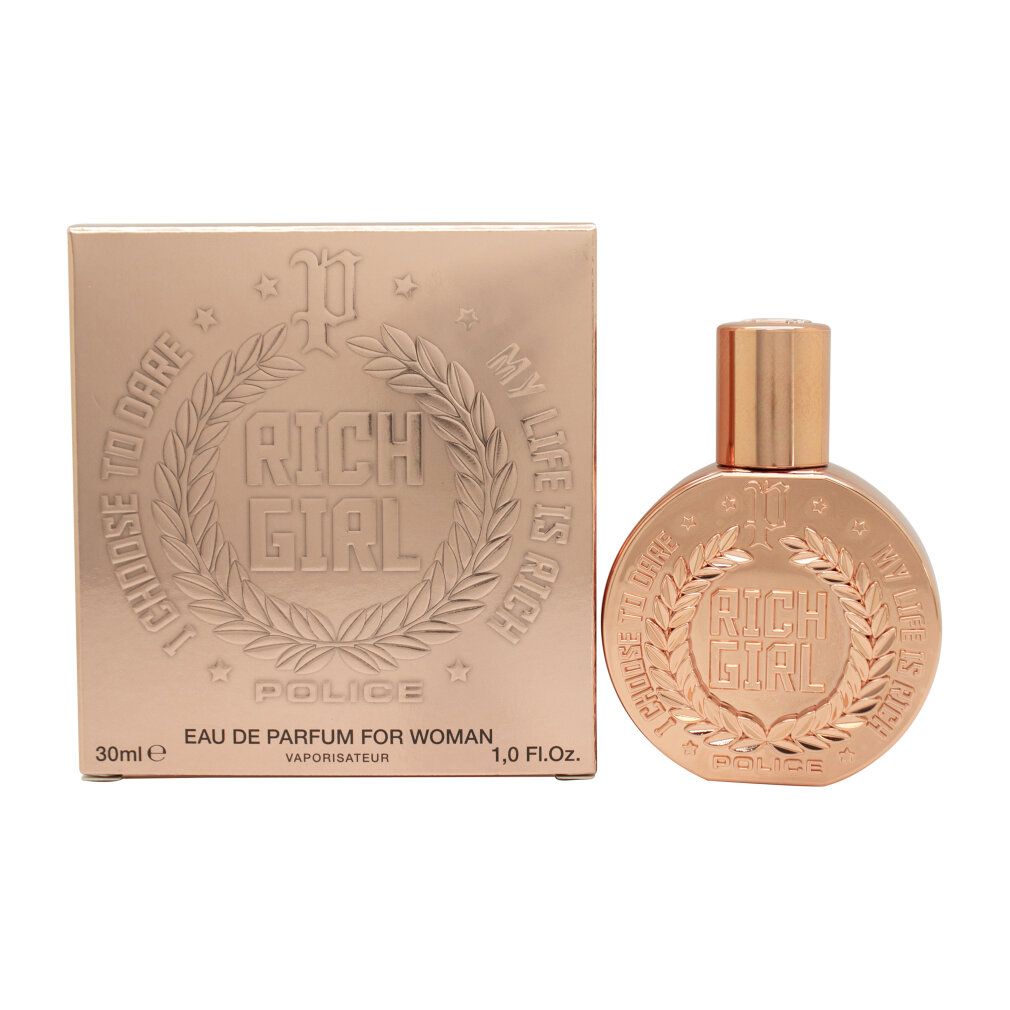 Boîte et flacon de parfum rose dorée avec "Rich Girl" en relief, logo "Police" et couronne de laurier. 30ml d'Eau de Parfum.