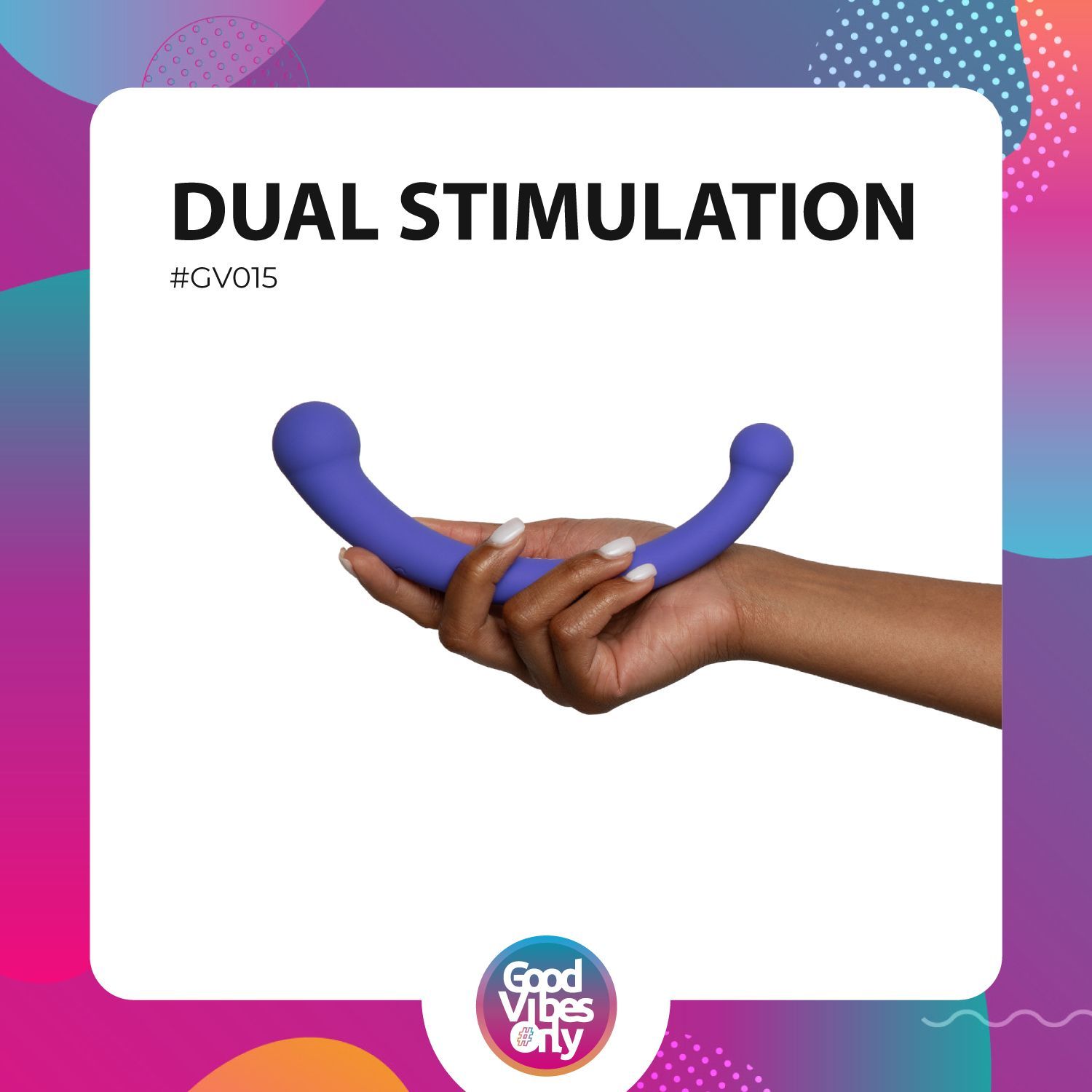 Paars product in een hand gehouden. Productnaam en indicatie van dubbele stimulatie.