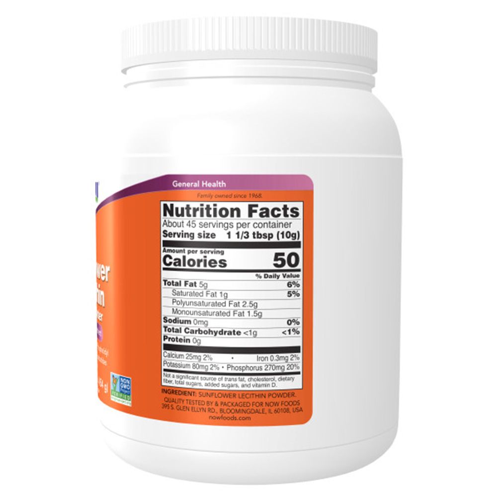 Dos du récipient. Informations nutritionnelles sur étiquette orange. Marque: NOW. Contient calories, matières grasses, glucides et protéines.