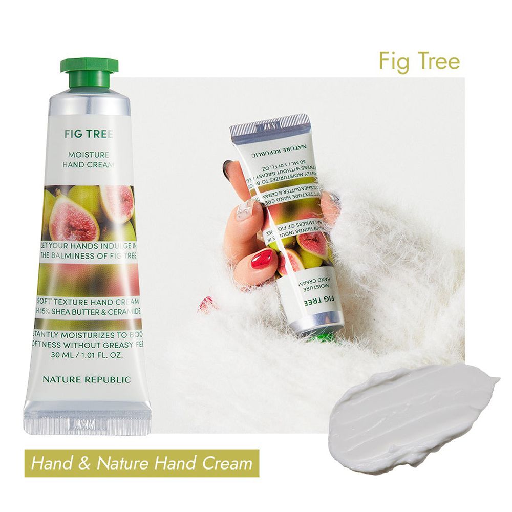 Tube de crème pour les mains avec bouchon vert. Inscription: Fig Tree Moisture Hand Cream. Illustration de figues. Marque: NATURE REPUBLIC. À côté d'une main et de crème.