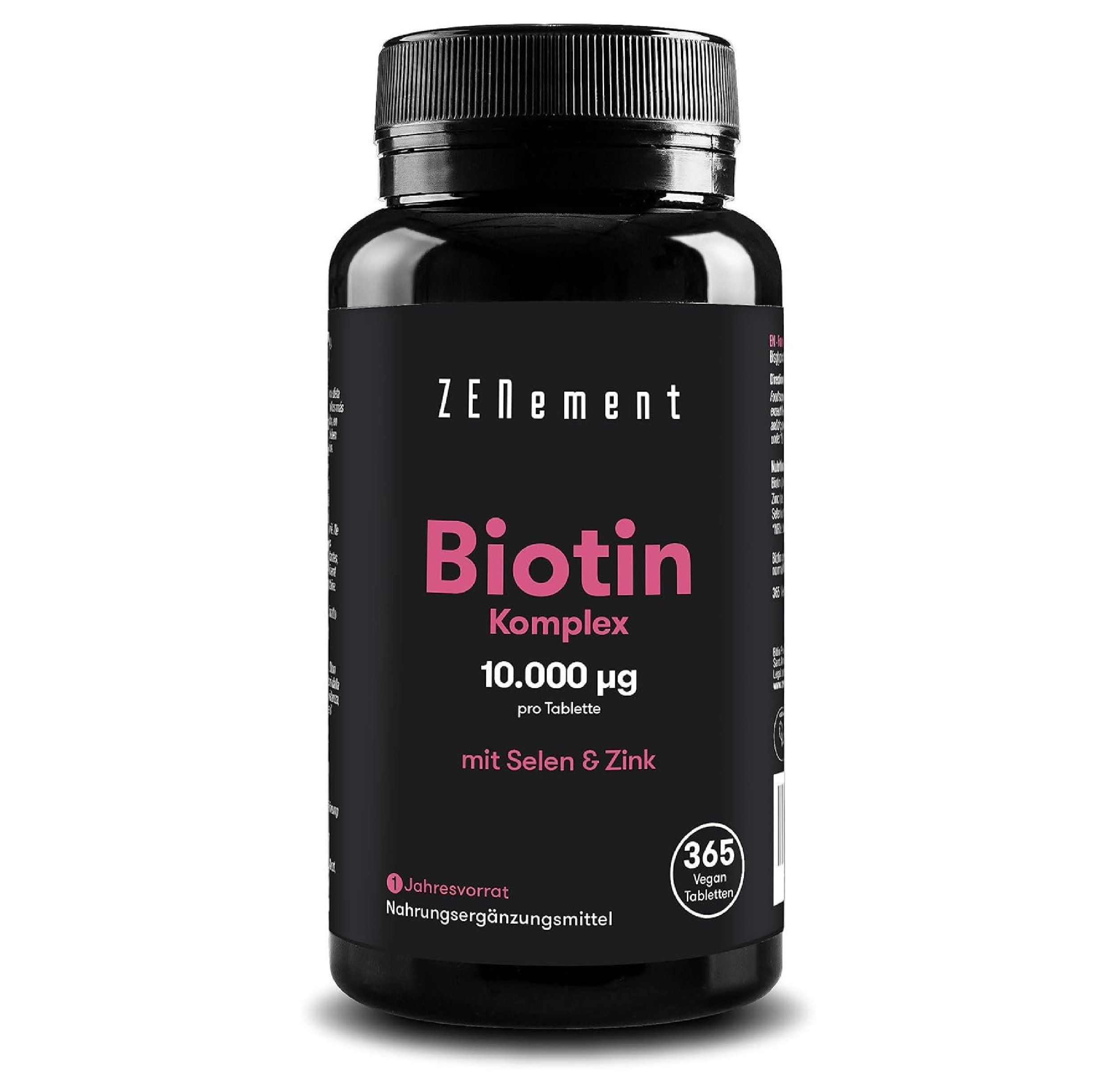 Zwarte fles Biotin Complex. Tekst: 10.000 µg, met selenium & zink, 365 veganistische tabletten. Voedingssupplement.