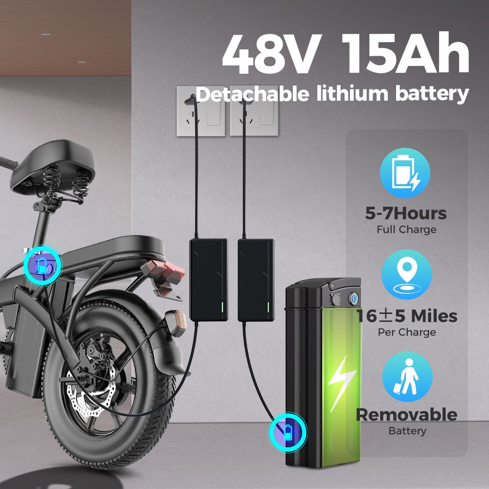 Vélo électrique avec batterie amovible. Batterie 48V 15AH, charge 5-7 heures, autonomie 16±5 miles. Boîtier noir, prises.