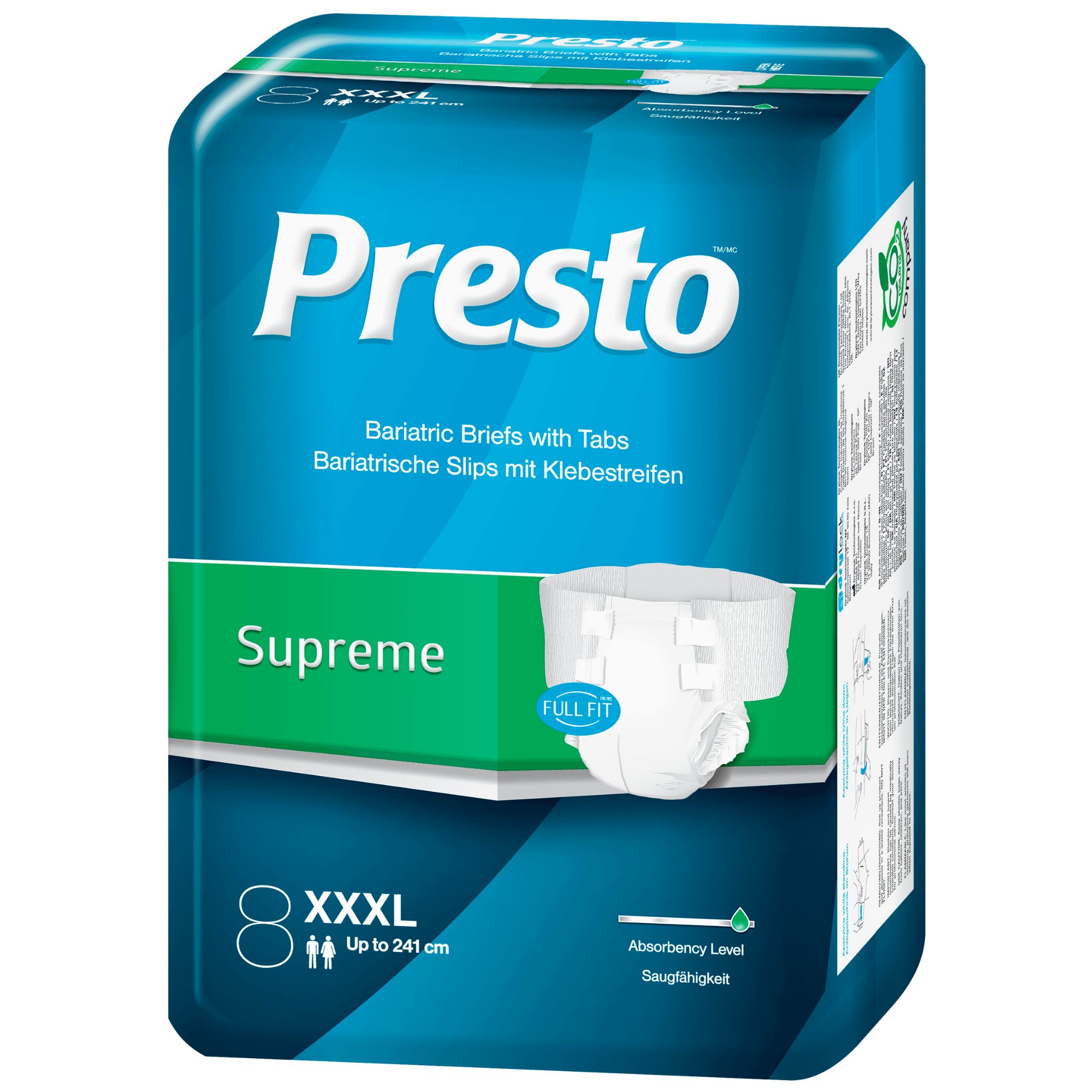 Presto Supreme bariatrische luier, XXXL, met plakstrips. Heupomvang tot 241 cm.