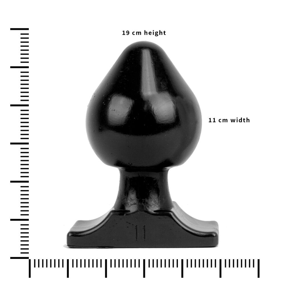 Zwarte anale plug, 19 cm hoog, 11 cm breed, met meetlat.