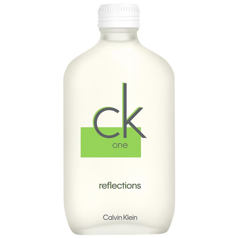 CK One Reflections fles met witte dop. Opschrift CK One Reflections. Calvin Klein logo.