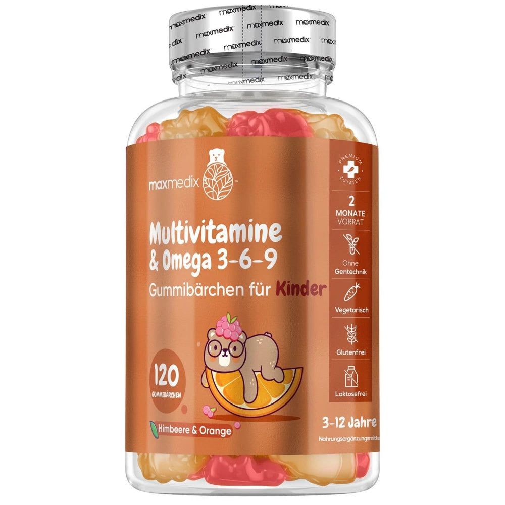 Multivitamine gummies voor kinderen. Fles met 120 gummies. Smaak: framboos & sinaasappel. Bevat Omega 3-6-9.