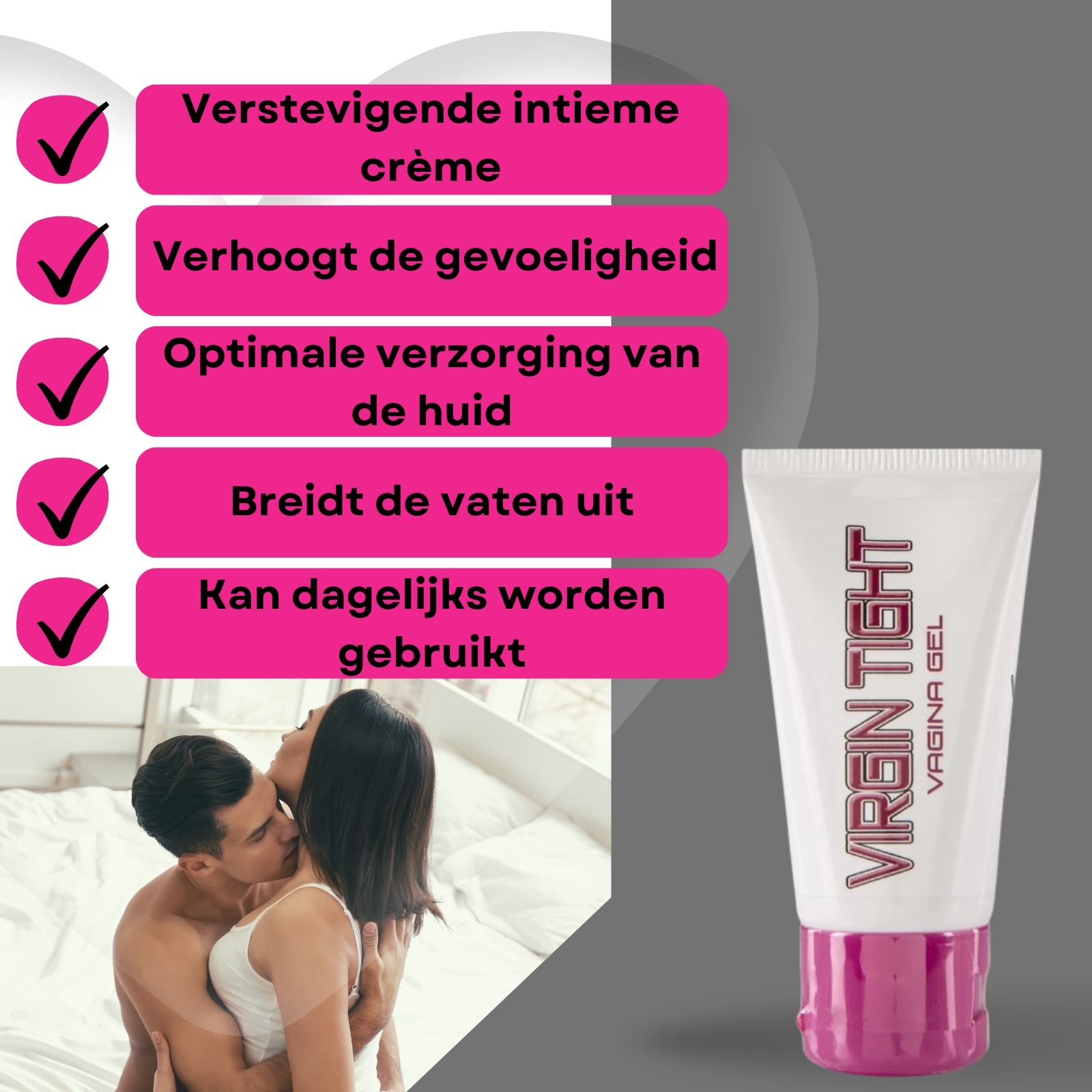 Witte en roze tube VIRGIN TIGHT VAGINA GEL. Tekst op roze achtergrond. Paar op de achtergrond.
