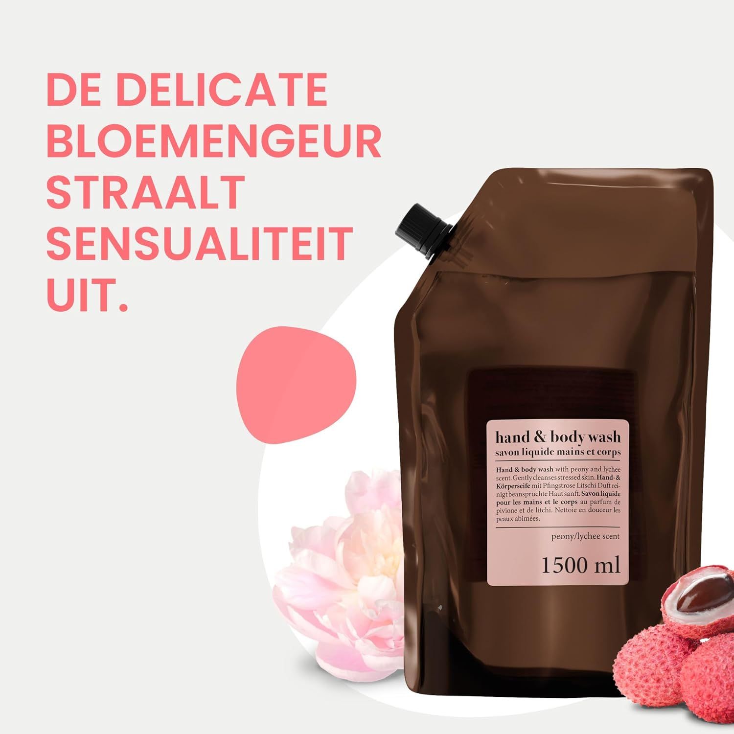 Bruine navulverpakking voor hand- en lichaamszeep, 1500 ml.