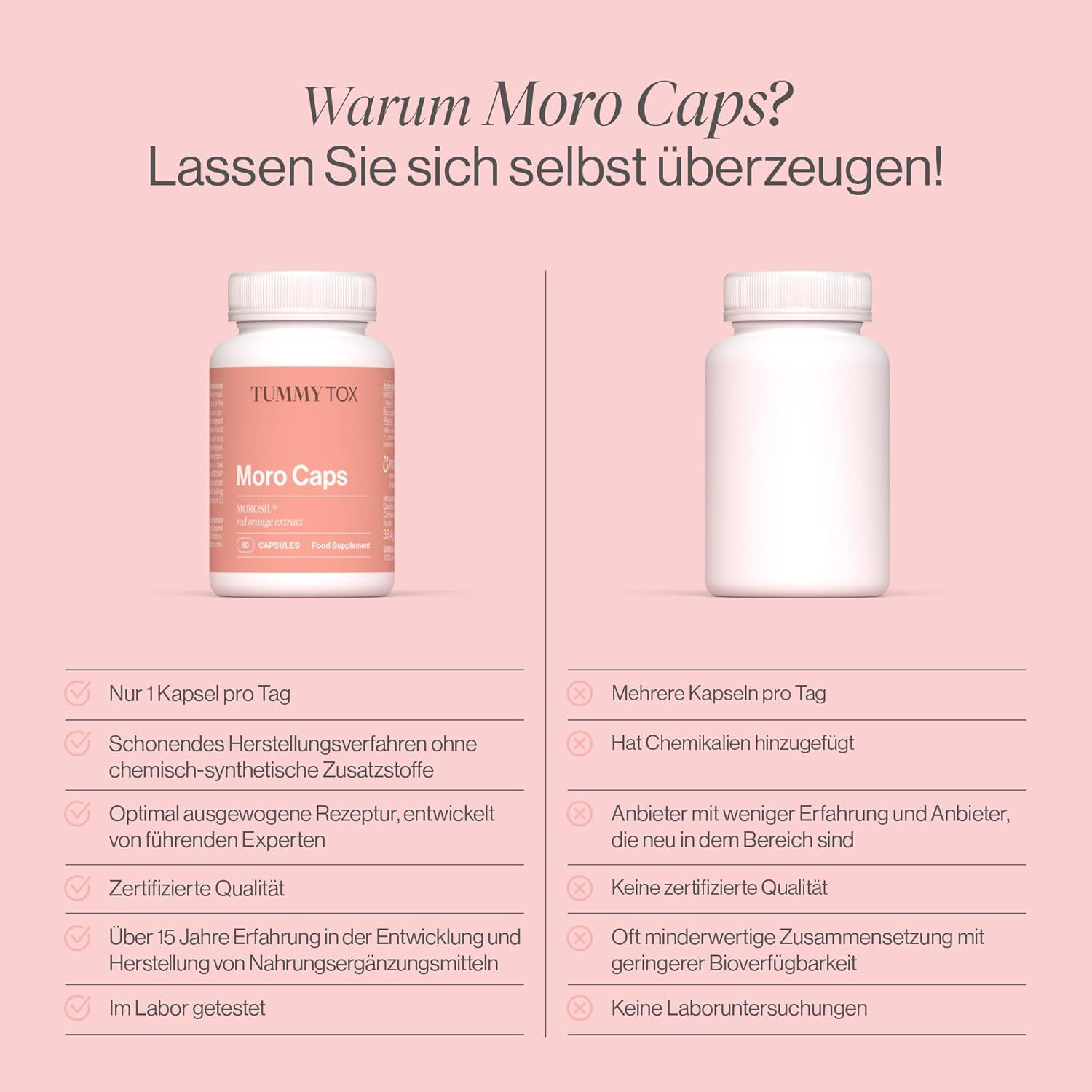 Comparaison "Tummy Tox Moro Caps" et flacon vide. Avantages: 1 gélule, ingrédients de qualité, qualité certifiée.
