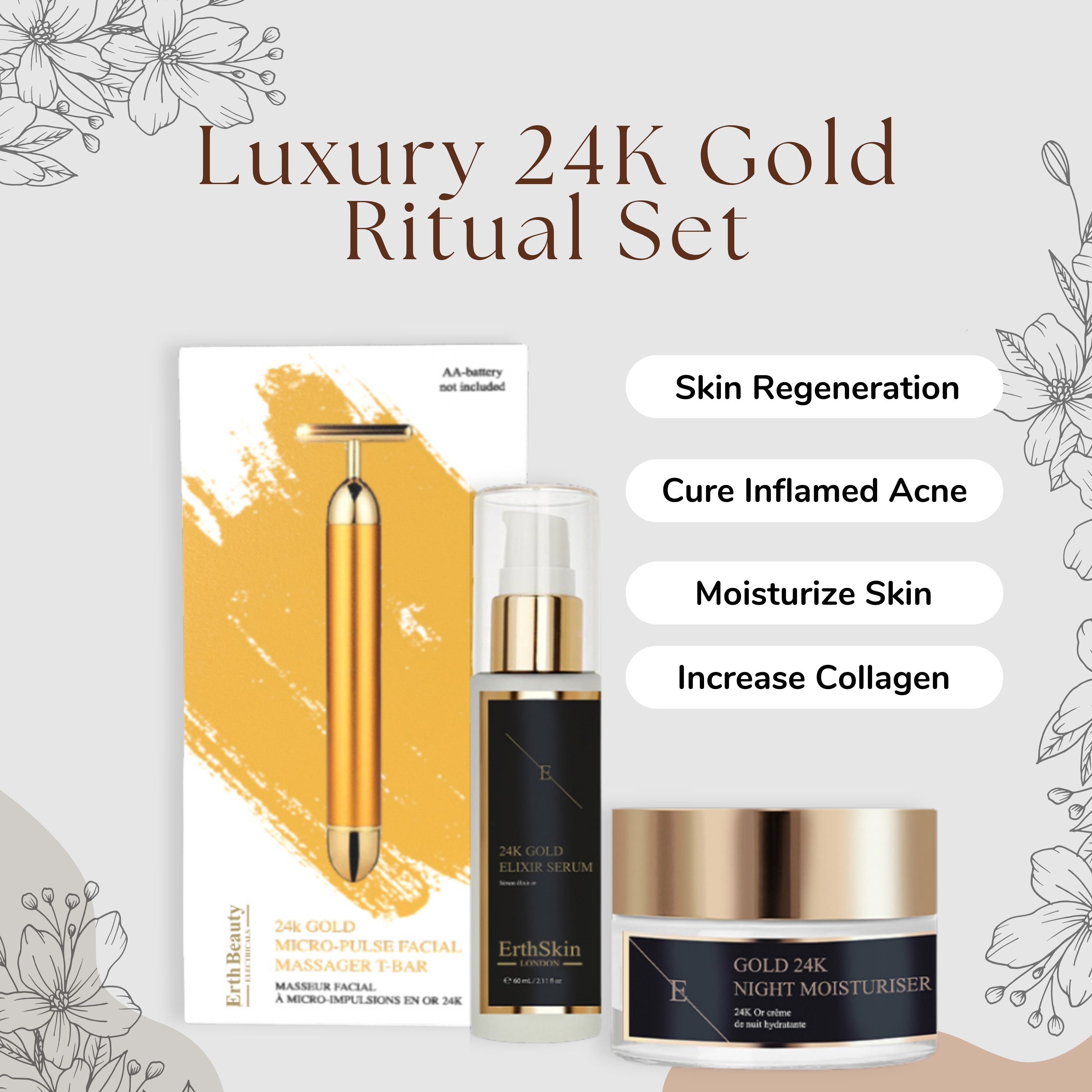 Ensemble ErthSkin London. Masseur en T 24K, sérum et crème. Masseur doré, flacon de sérum et pot de crème. Texte: Luxury 24K Gold Ritual Set.