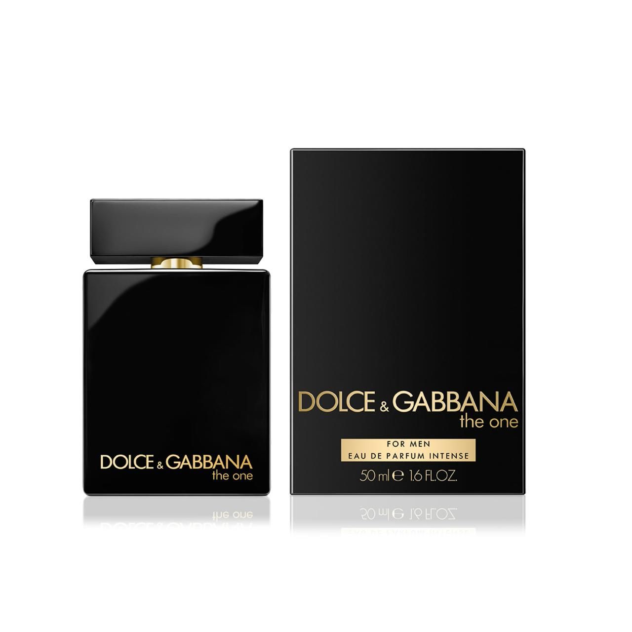 Zwarte flacon en verpakking. Gouden tekst: Dolce & Gabbana The One. Voor mannen. Eau de Parfum Intense.