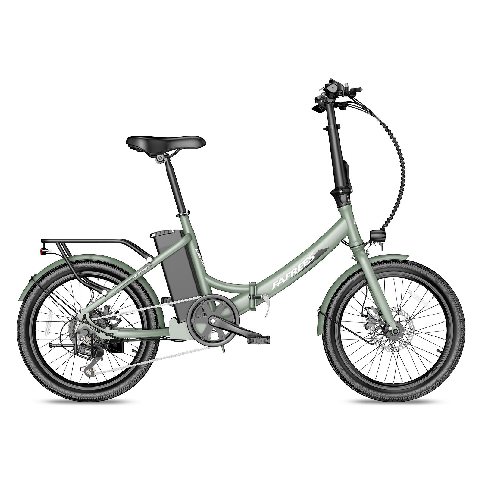 Lichtgroene Fafrees F20Light e-bike. Opvouwbaar frame, bagagerek, spatborden. Zwarte banden en zadel. Accu op frame.