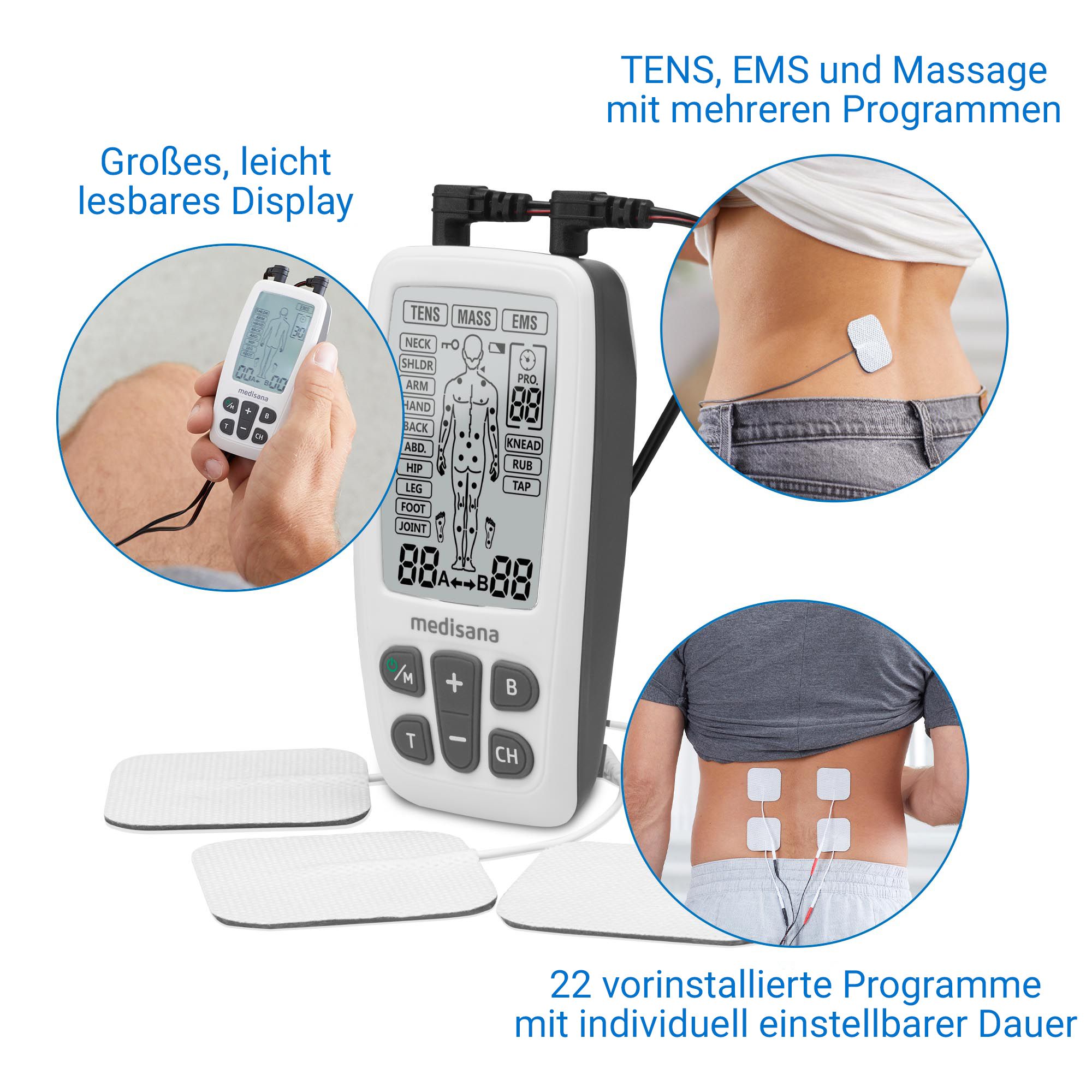 Medisana TT 200 TENS/EMS apparaat met elektrode-applicatie op rug en display-overzicht.