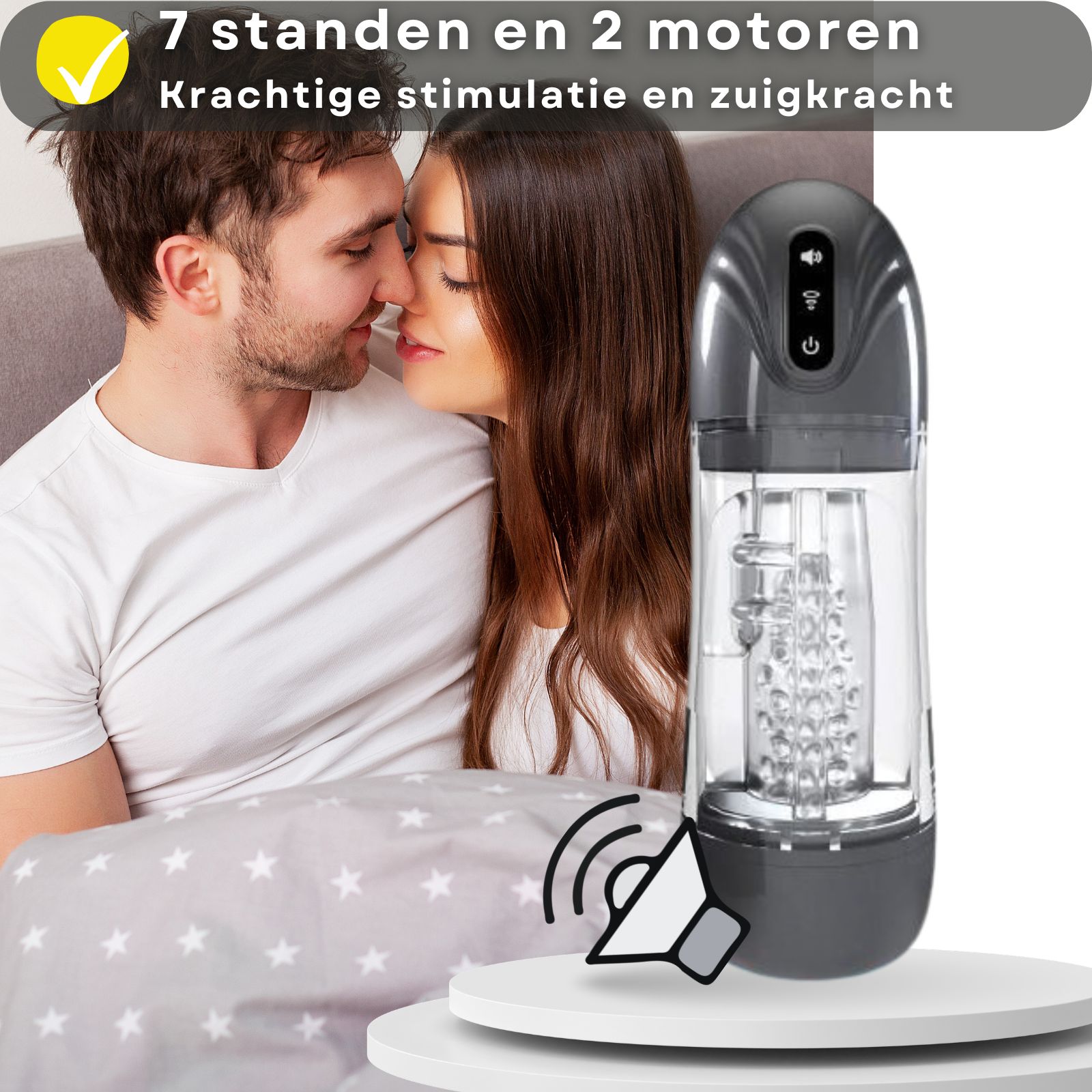 Product met tekst: 7 standen, 2 motoren, sterke stimulatie. Paar op de achtergrond, product met oortelefoons.