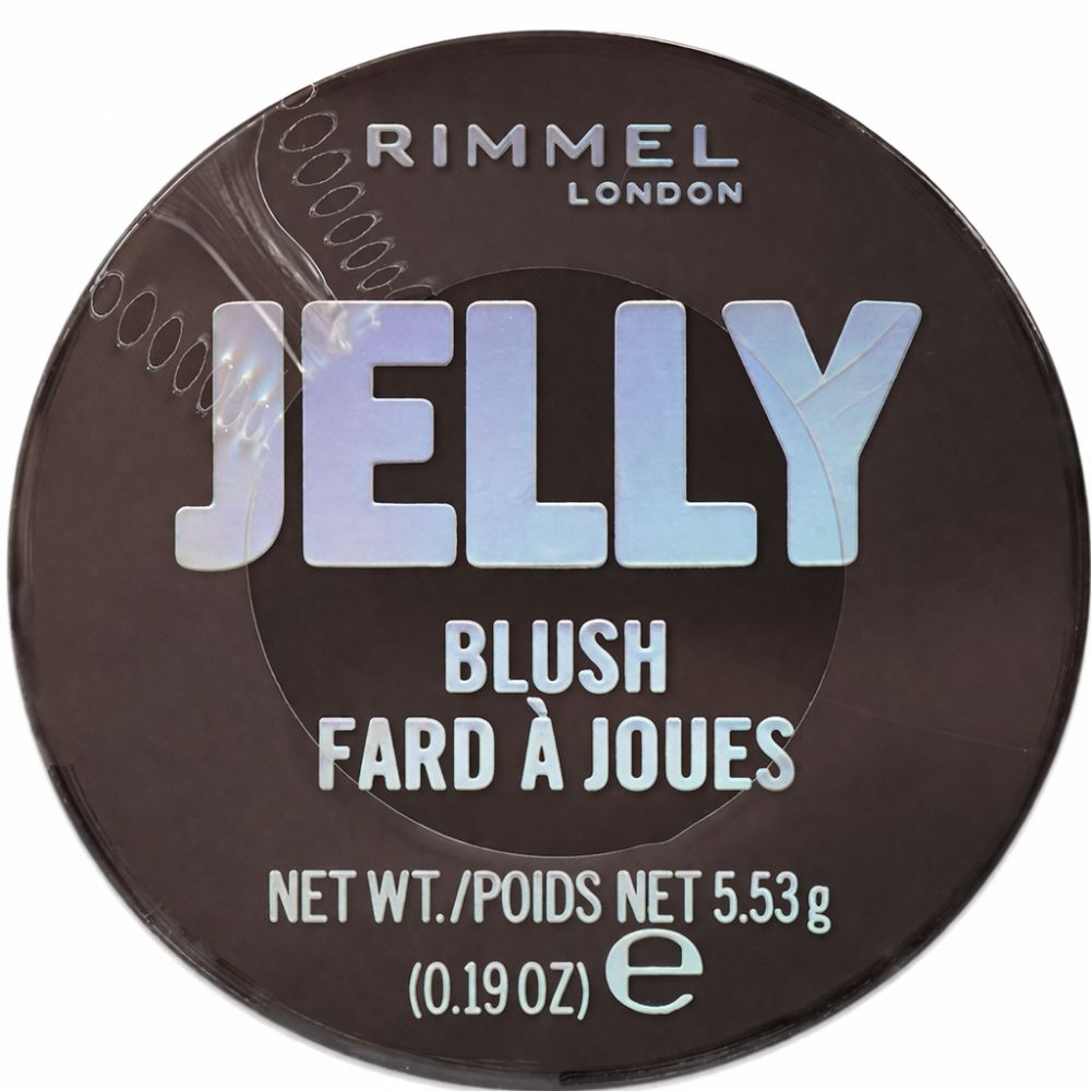 Ronde bruine pot met transparante deksel. Opschrift: Rimmel London, Jelly Blush Fard à Joues. Netto gewicht 5,53g.