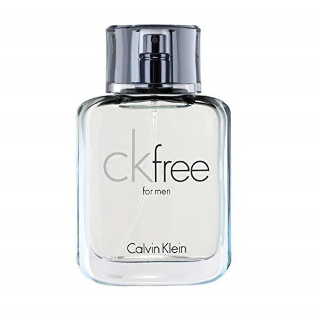 Rechthoekige fles van ckfree for men met zilveren verstuiver. Op de fles staat ckfree for men en Calvin Klein.