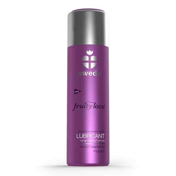 Flacon de lubrifiant Fruity Love. Flacon violet avec bouchon argenté. Inscription : swede, Fruity Love, Lubricant.