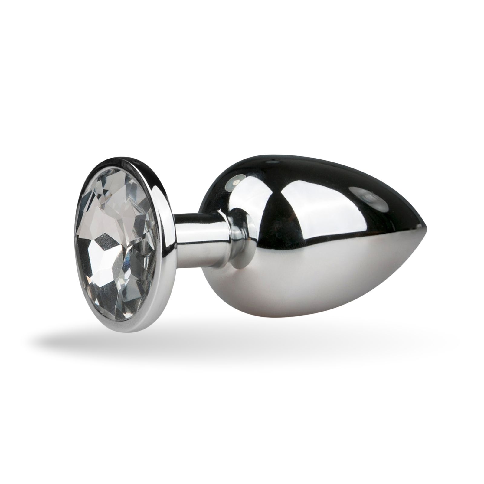 Zilverkleurige metalen anale plug met decoratieve steen. Conische vorm, ronde basis.
