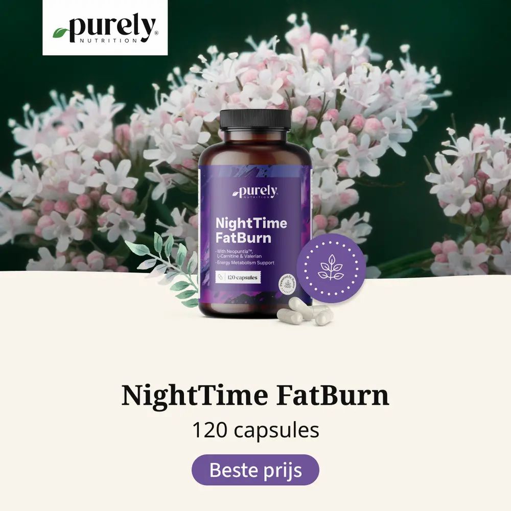 Productafbeelding met pot, capsules en planten. Tekst: "Met niacine, vitamine B6, L-carnitine en plantenextracten."
