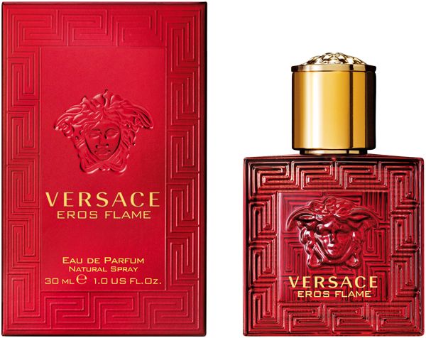 Rode fles en verpakking. Gouden dop. Opschrift: Versace Eros Flame. 30 ml.