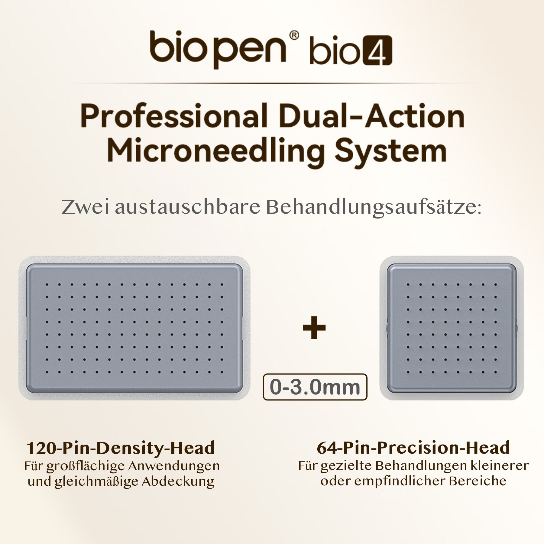 Twee verwisselbare behandelkoppen: 120-Pin-Density-Head en 64-Pin-Precision-Head. Verstelbare naaldlengte 0-3.0mm.