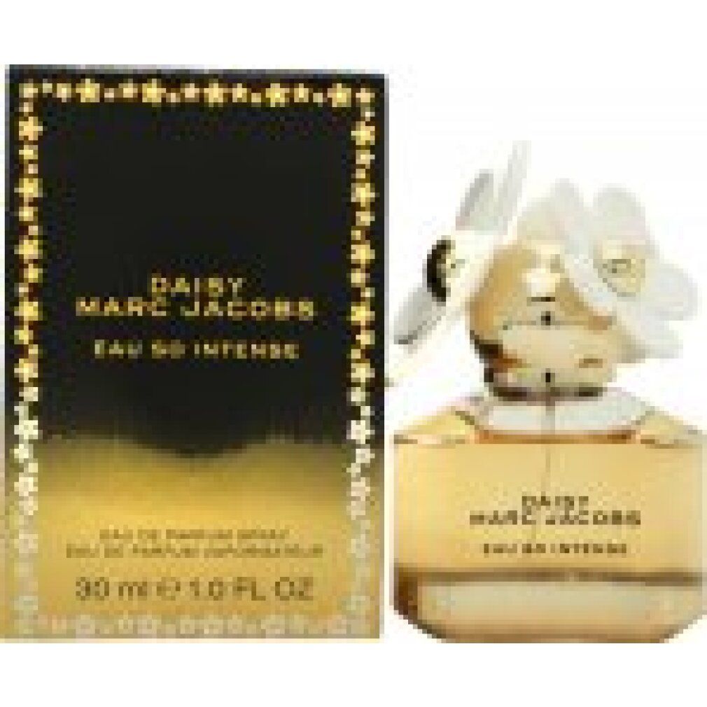 Flacon et emballage. Inscription: DAISY MARC JACOBS EAU SO INTENSE. Emballage à motifs floraux.