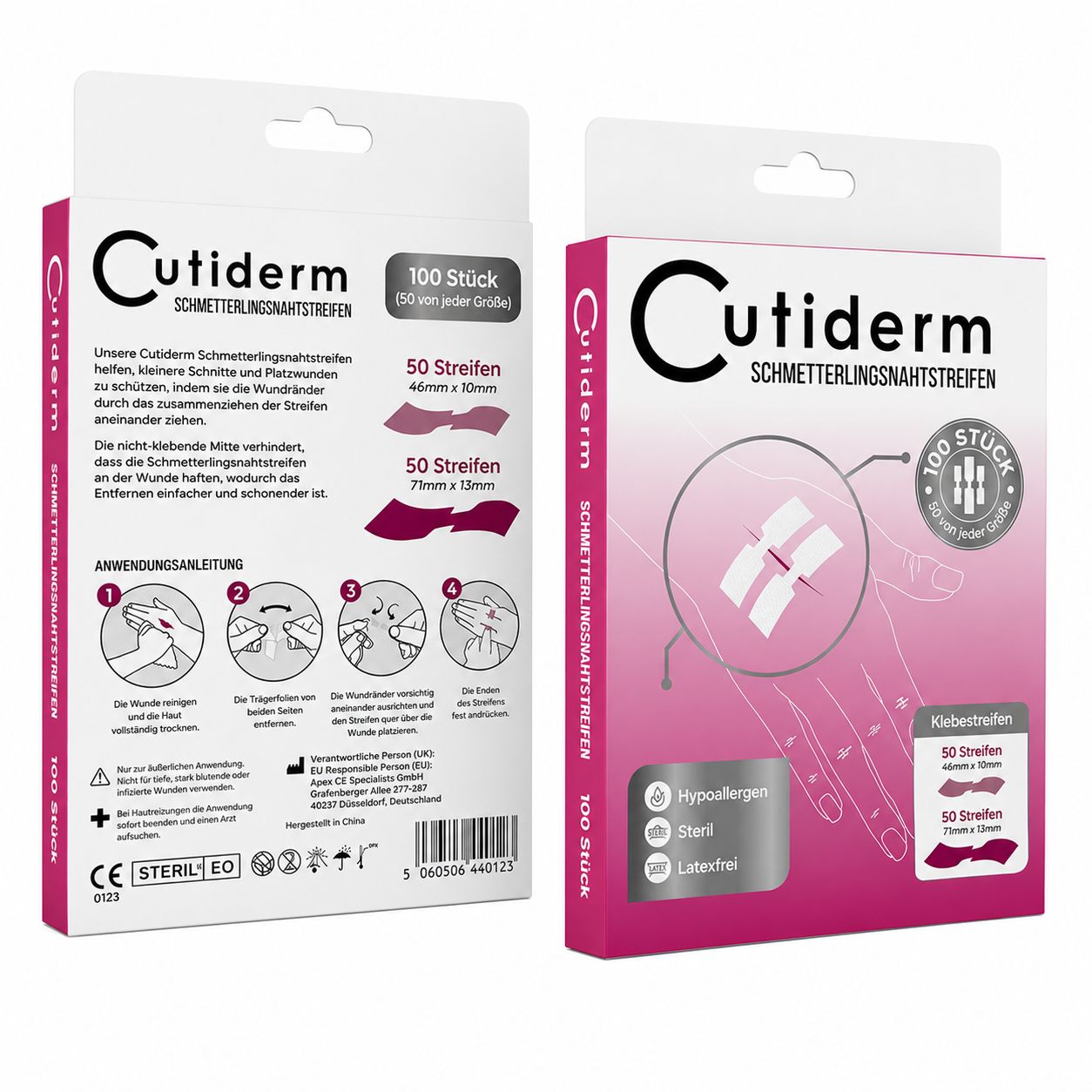 Cutiderm vlindernaadstrips verpakking, 100 stuks, met gebruiksaanwijzing en productafbeeldingen.
