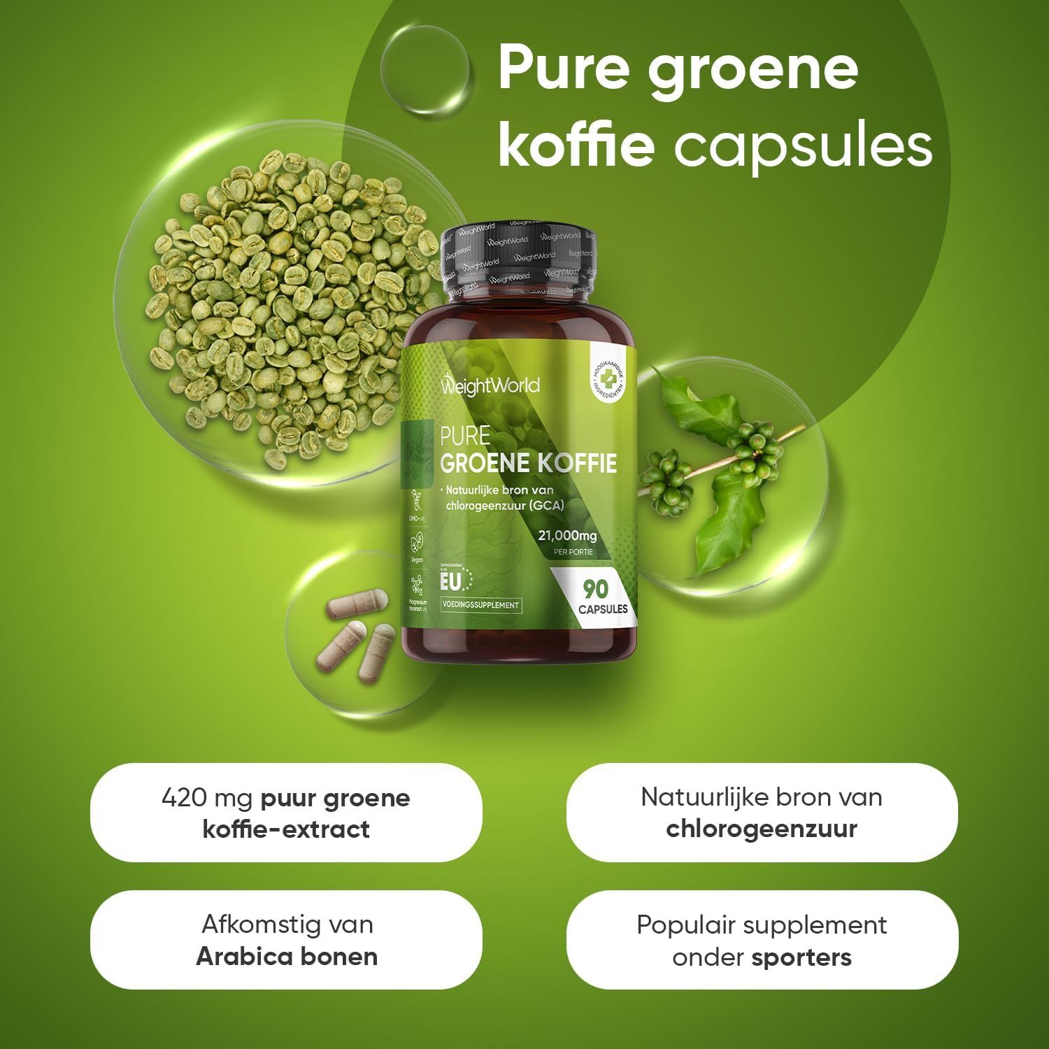 WeightWorld Groene Koffie capsules: 90 capsules, 420mg, 1 maand voorraad.