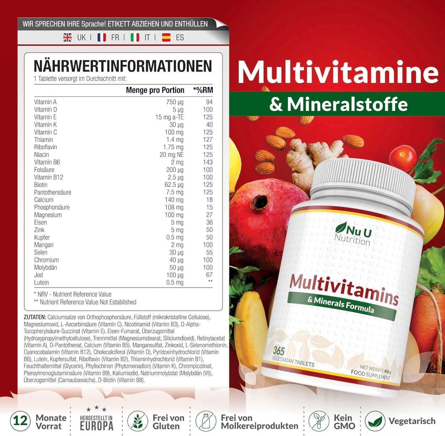 Fles met "Nu U Nutrition" logo, "Multivitamine & Mineralstoffe" en 365 tabletten. Voedingswaarde-informatie en ingrediëntenlijst.
