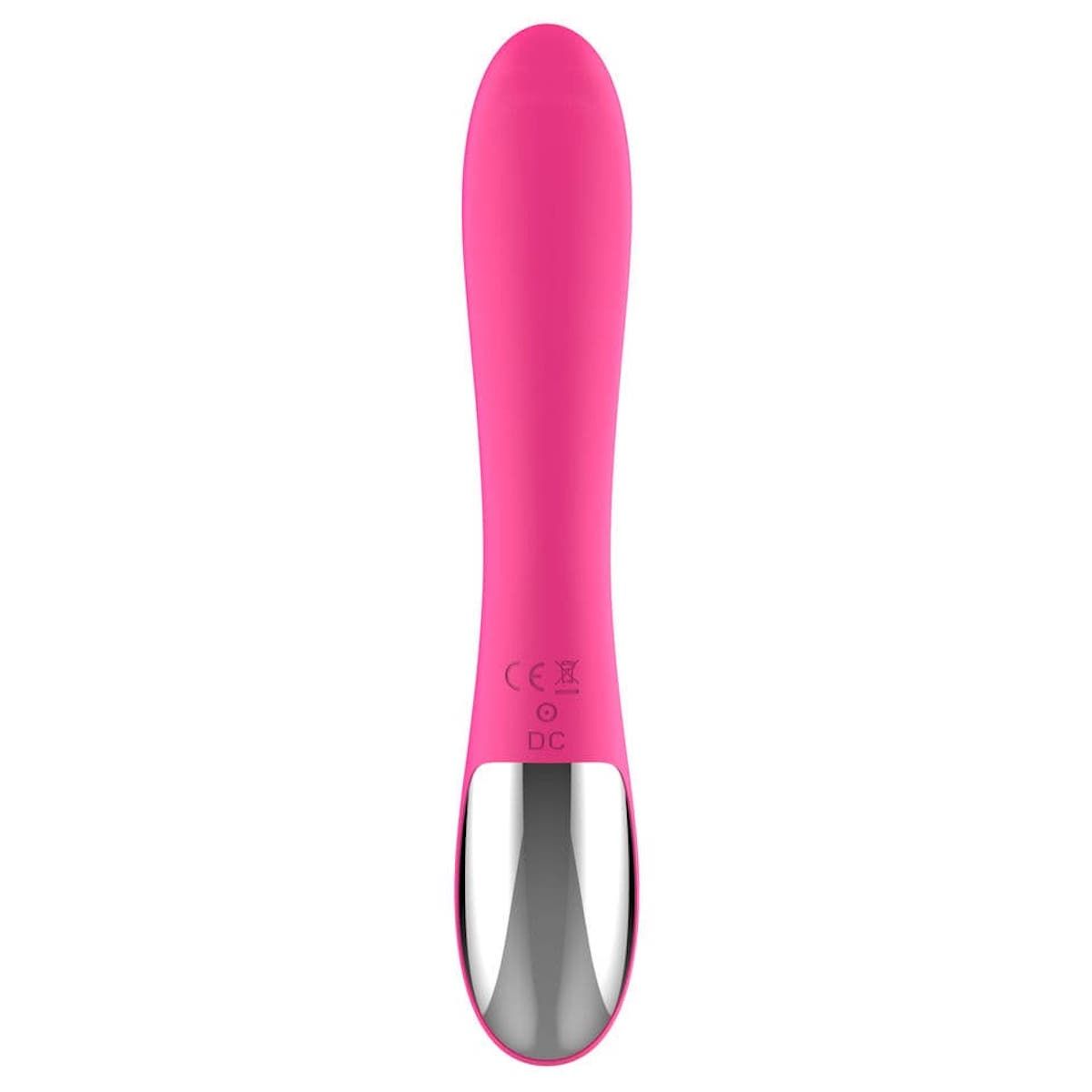 Roze vibrator met zilverkleurig accent. Met CE-markering en DC-symbool.