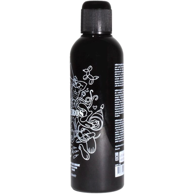 Arrière d'un flacon noir avec inscription blanche, lubrifiant silicone "HEROS".
