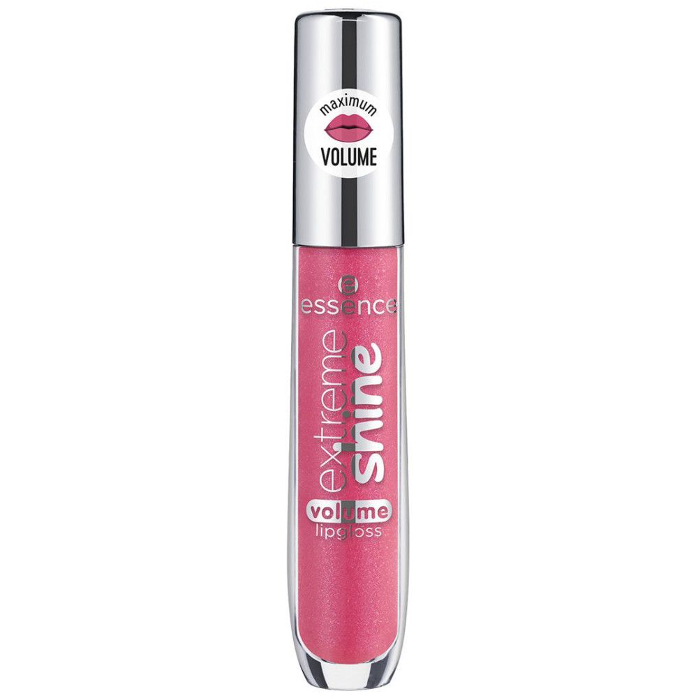 Lipgloss tube met zilveren dop. Roze inhoud, tekst 'extreme shine volume lipgloss'. Sticker met lippen-symbool en 'maximum volume'.