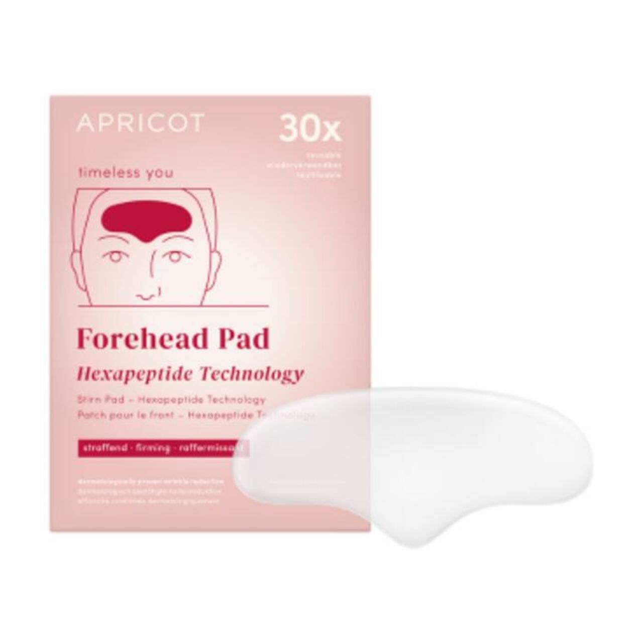 Emballage avec un patch frontal et l'inscription 'APRICOT'. Contient 30 patchs. Texte : 'Forehead Pad Hexapeptide Technology'.