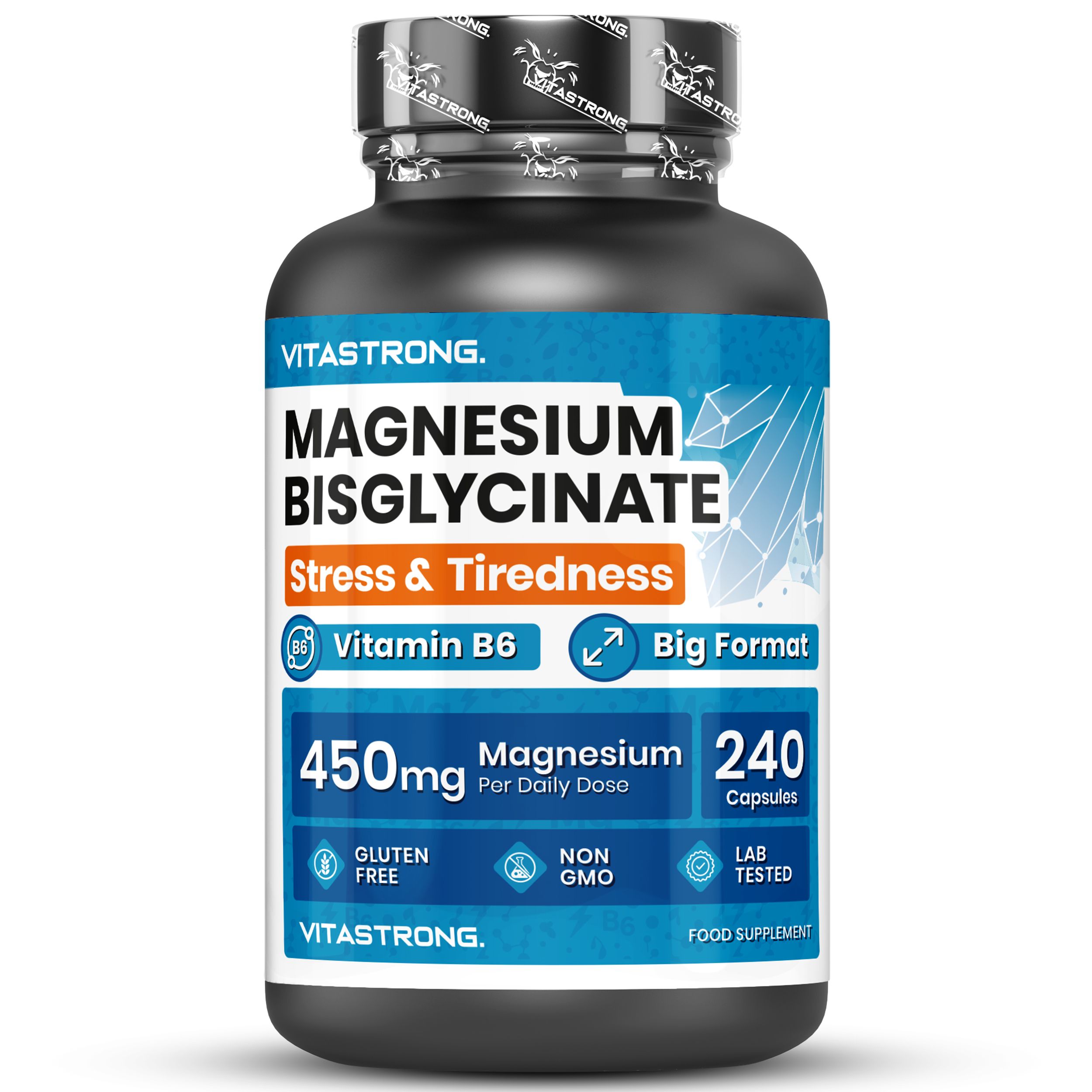 Fles Vitastrong Magnesiumbisglycinaat. 240 capsules, 450mg magnesium per dosis. Glutenvrij, non-GMO.