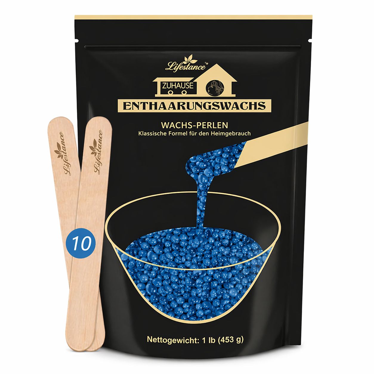 Deux spatules en bois et un sachet noir de perles de cire bleues. Texte : Lifestance, cire dépilatoire, perles de cire.