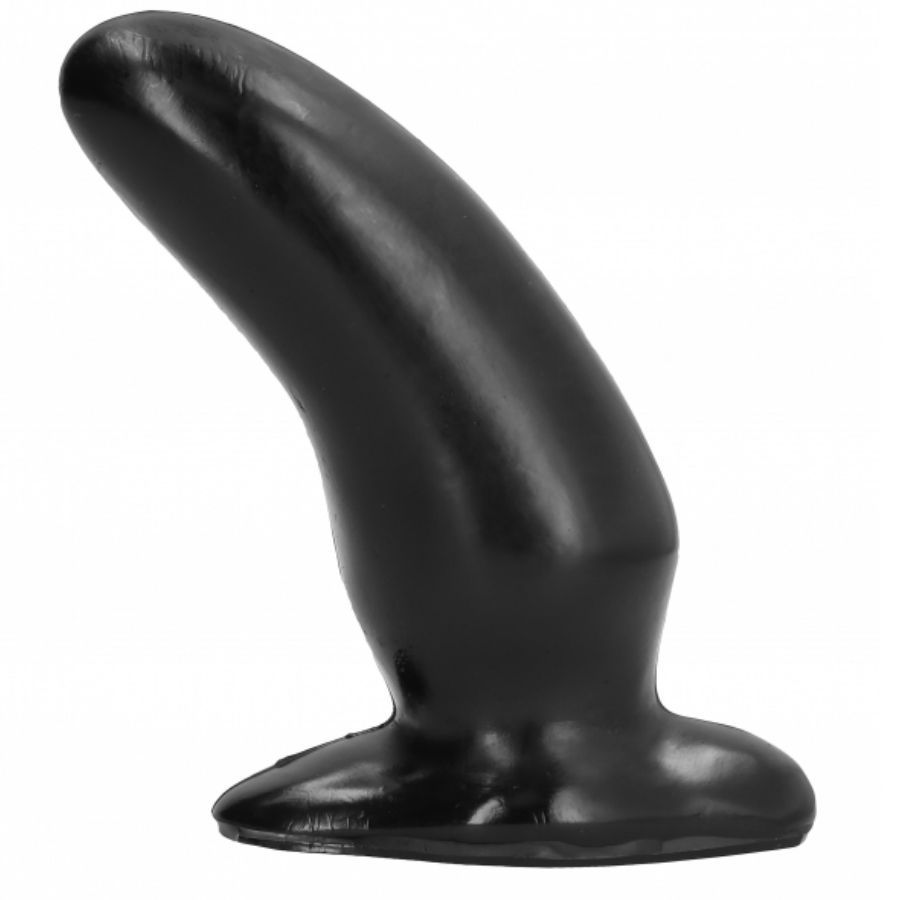 Plug anal noir, forme incurvée, base large. Surface lisse, légèrement courbée.