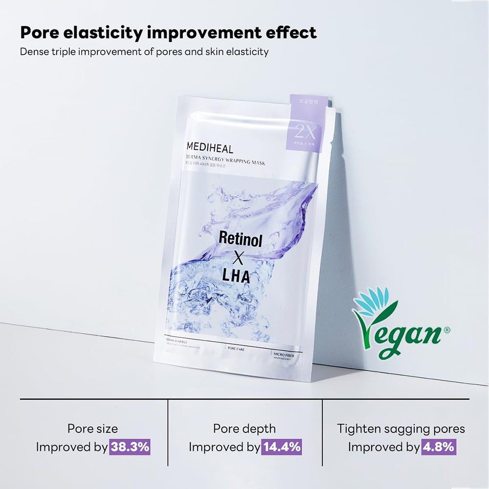 Emballage du masque MEDIHEAL Derma Synergy Wrapping. Contient du rétinol et du LHA. Sceau végétalien. Pourcentage d'amélioration de la peau.
