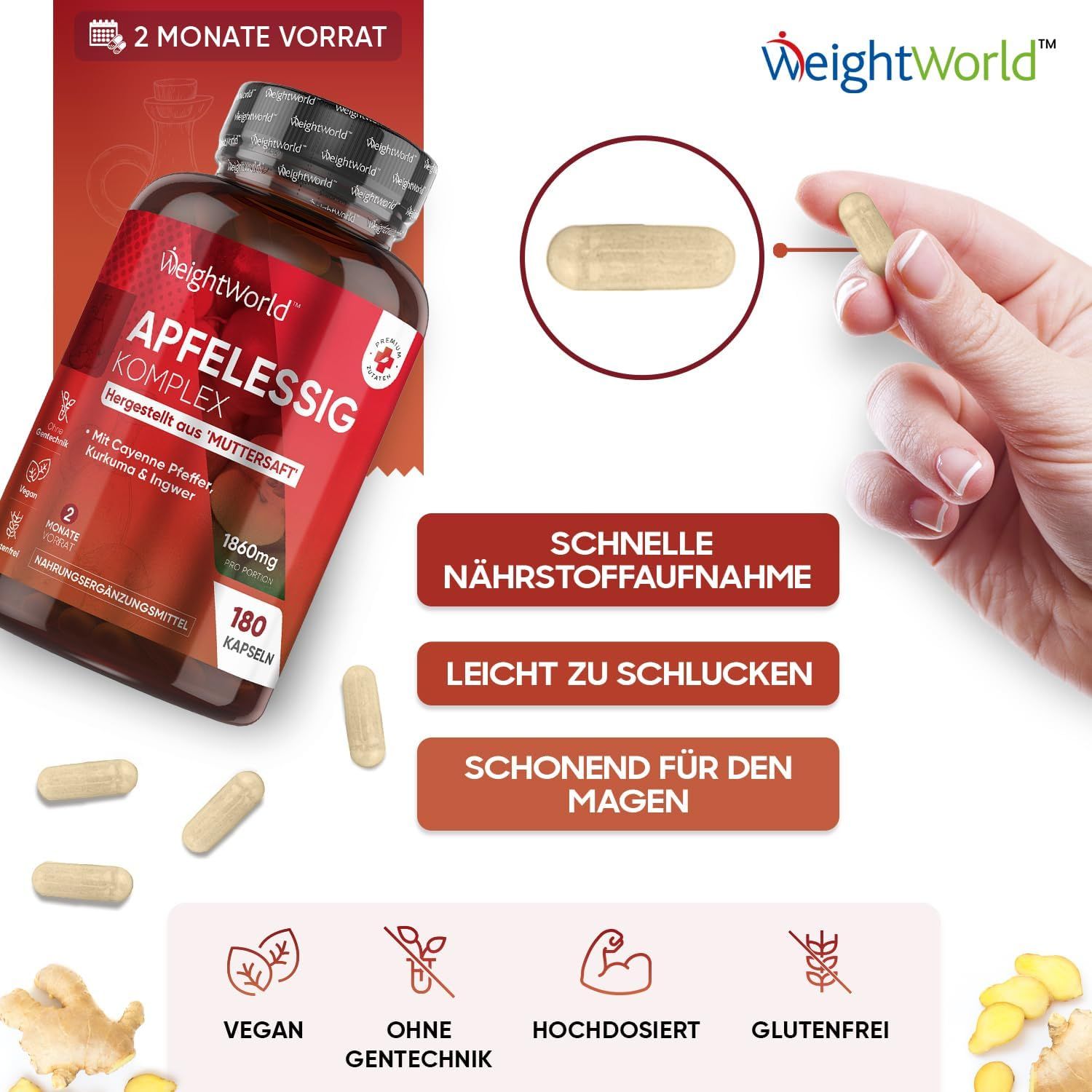 Productfles met capsules. Capsule in de hand. Opschrift: Apfelessig Komplex. Veganistisch, glutenvrij, hoog gedoseerd.