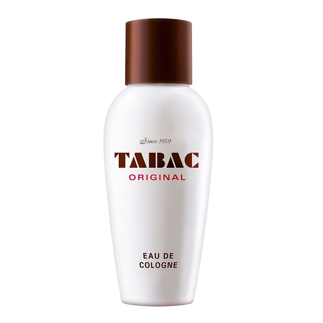 Flacon blanc avec bouchon marron. Tabac Original Eau de Cologne. Inscription Eau de Cologne.