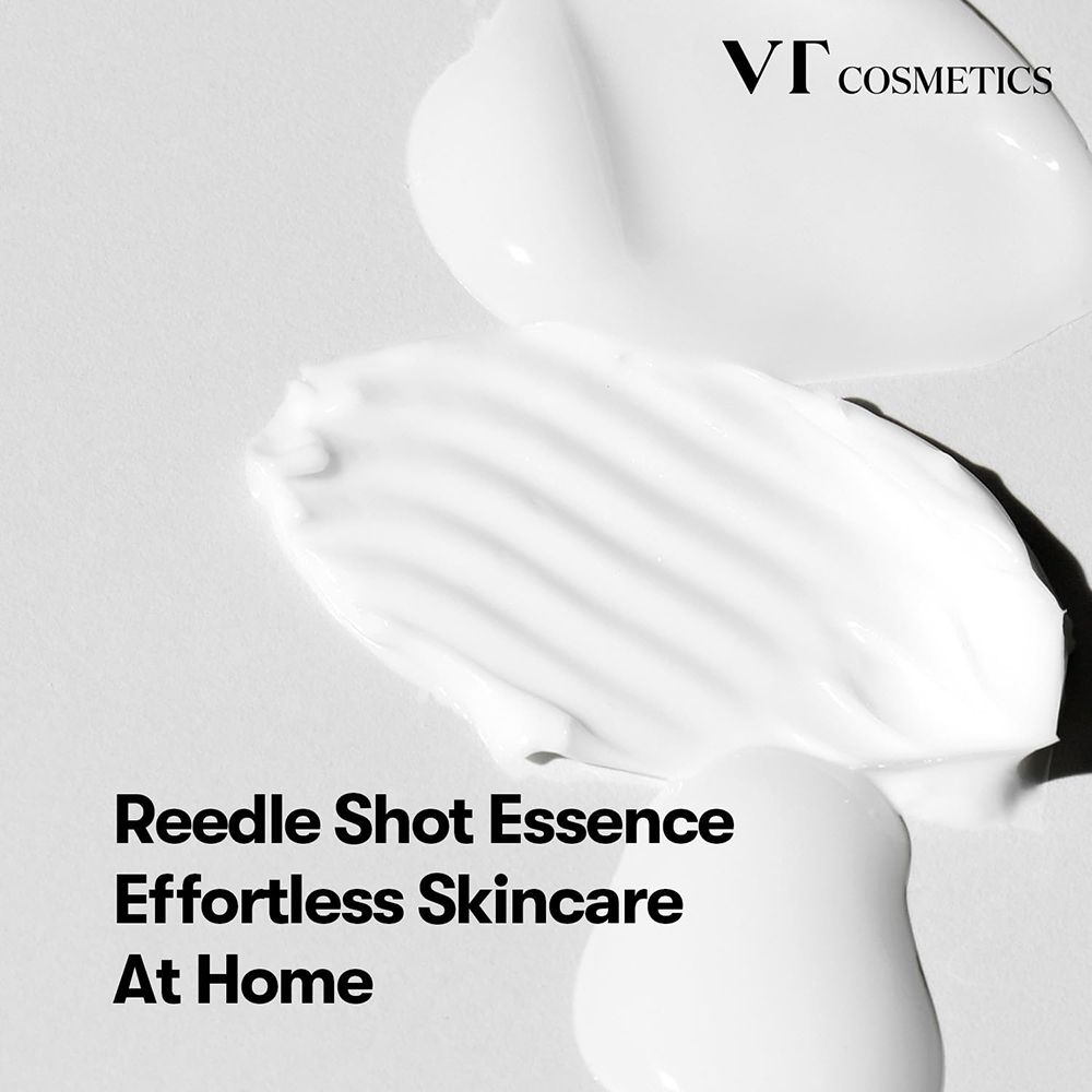 Sérum blanc sur fond blanc. Texte : Reedle Shot Essence, Effortless Skincare At Home.