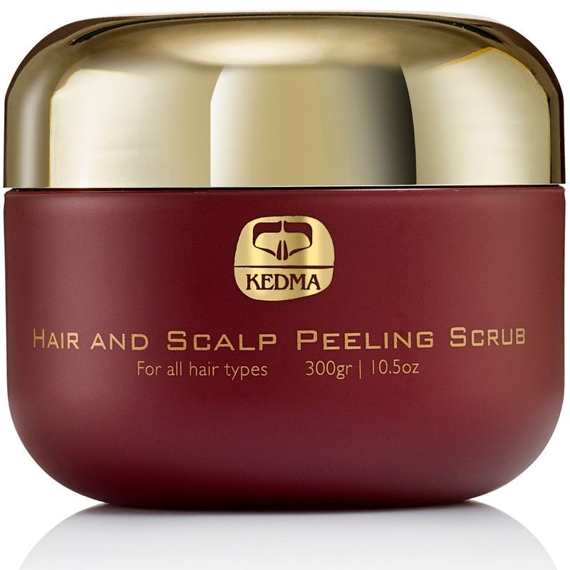 Ronde bordeauxrode pot met gouden deksel. Opschrift: Kedma, Hair and Scalp Peeling Scrub. Voor alle haartypes. 300gr | 10.5oz.