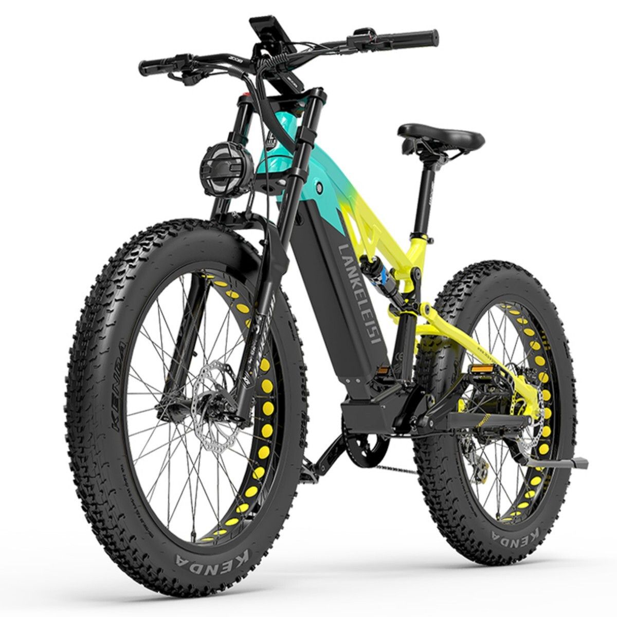VTT électrique Lankeleisi RV800 Plus. Cadre jaune-turquoise, pneus noirs. Marque et modèle visibles.