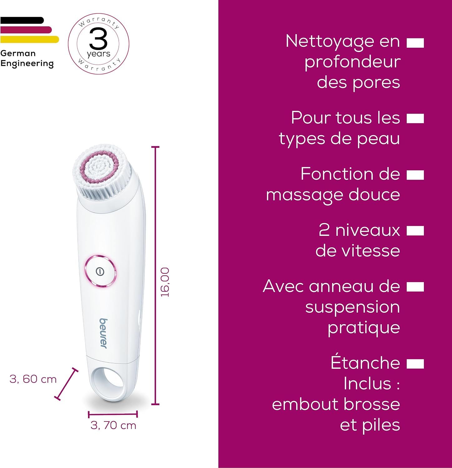 Brosse nettoyante pour le visage blanche avec anneau et bouton roses, avec dimensions.