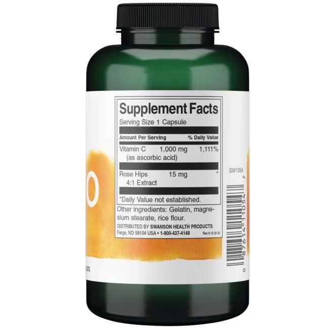 Dos d'un flacon vert. Étiquette blanche avec informations nutritionnelles. Contient vitamine C et extrait d'églantier.