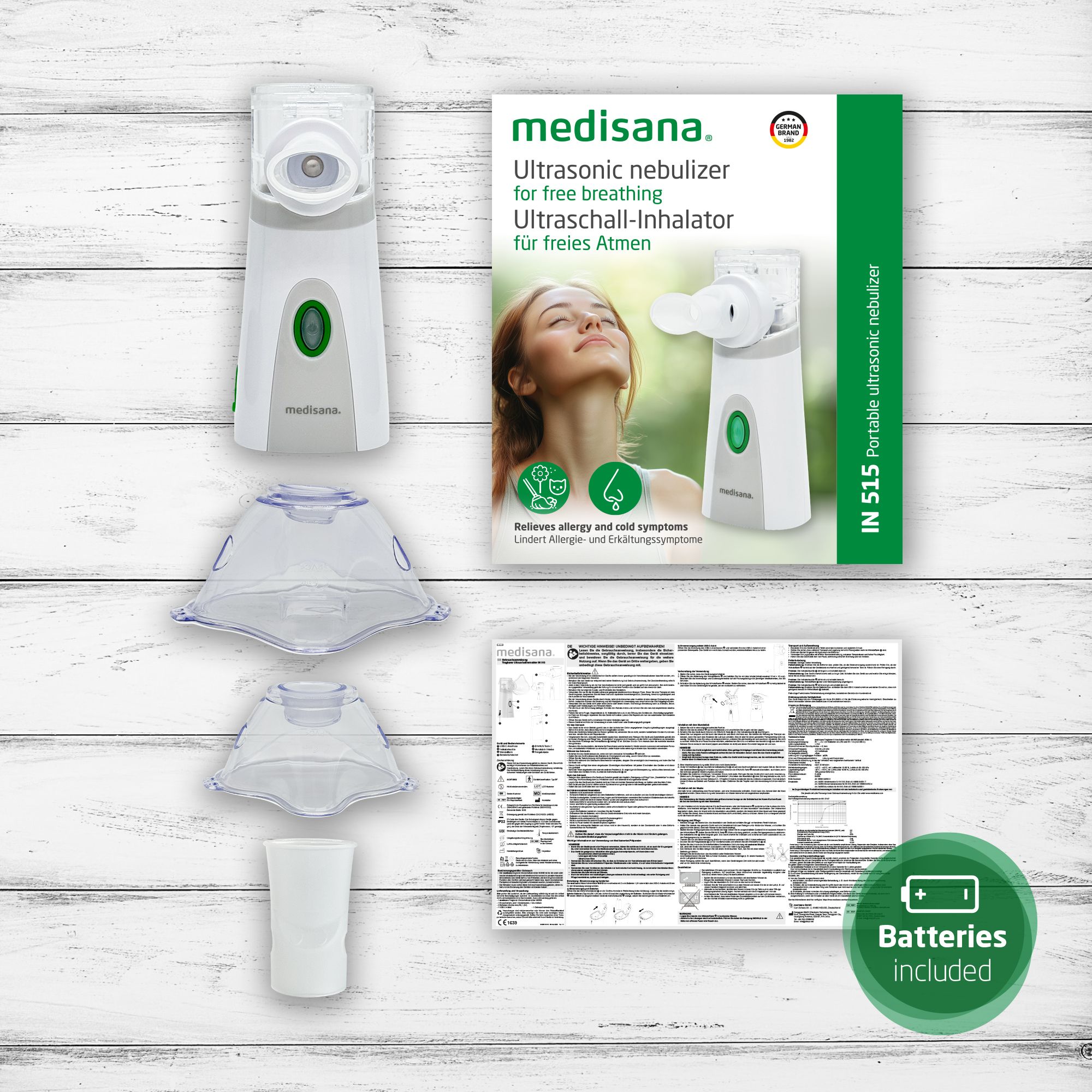 Medisana IN 515 inhalator, accessoires, verpakking en handleiding.