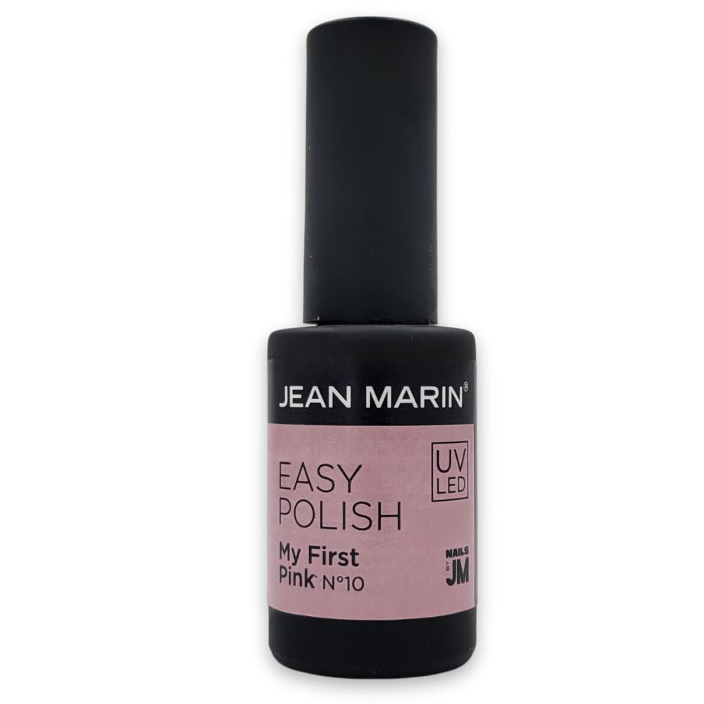 Flacon de vernis à ongles Jean Marin. Bouchon noir, étiquette rose avec 'Easy Polish' et 'My First Pink N°10'.