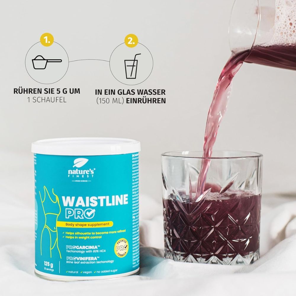 Instructions: Mélanger 1 mesure dans 150 ml d'eau. Boîte "Waistline Pro" et verre de boisson.