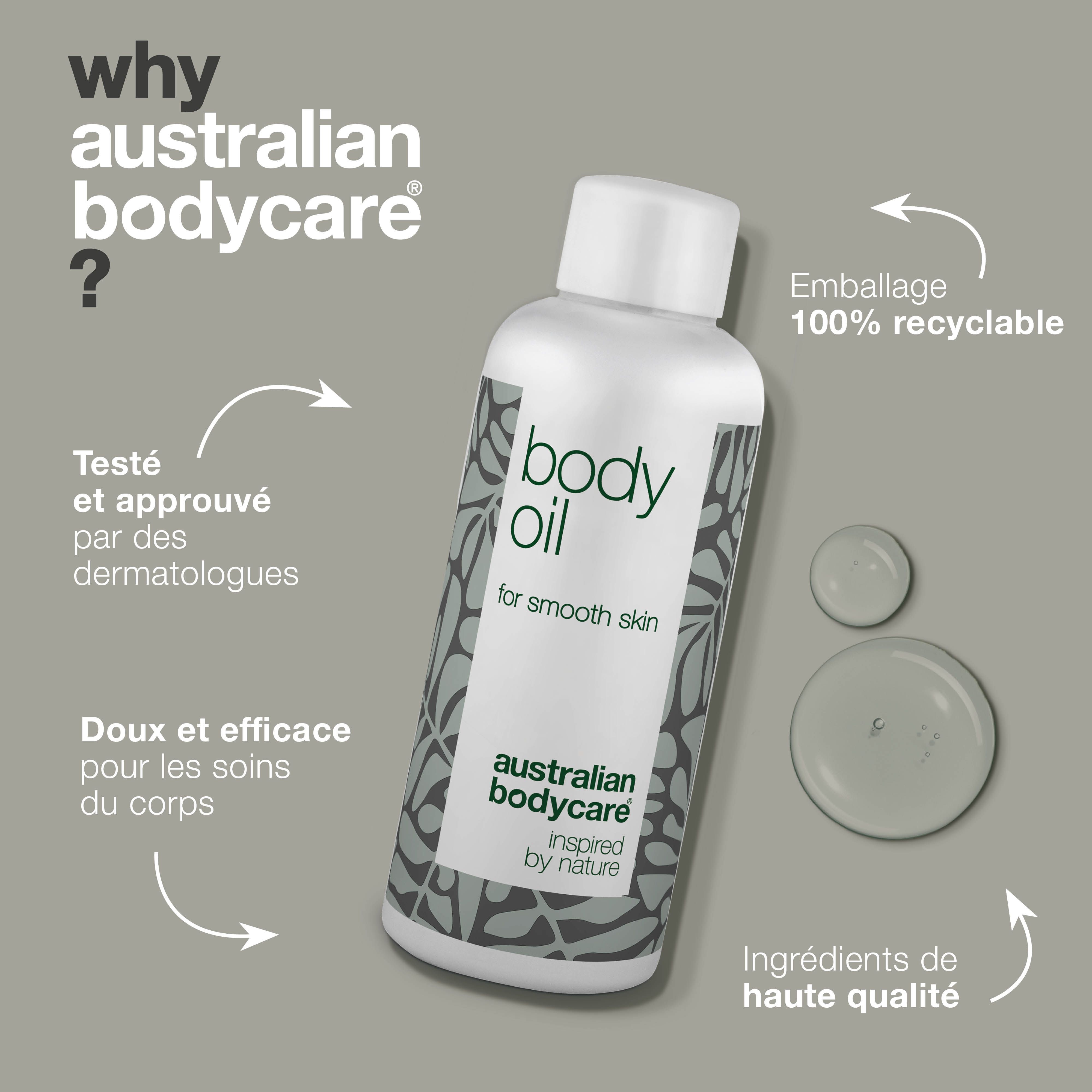 Flacon avec « body oil ». Texte : Testé par des dermatologues, emballage 100% recyclable. Design gris.