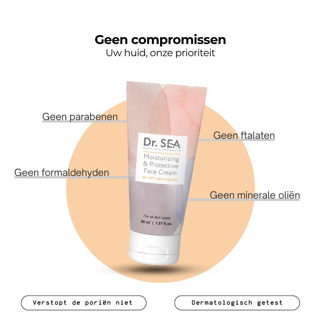 Crèmetube met tekst. Opschrift: Dr. SEA, Moisturising & Protective Face Cream SPF30+. Met citroen en tekst.