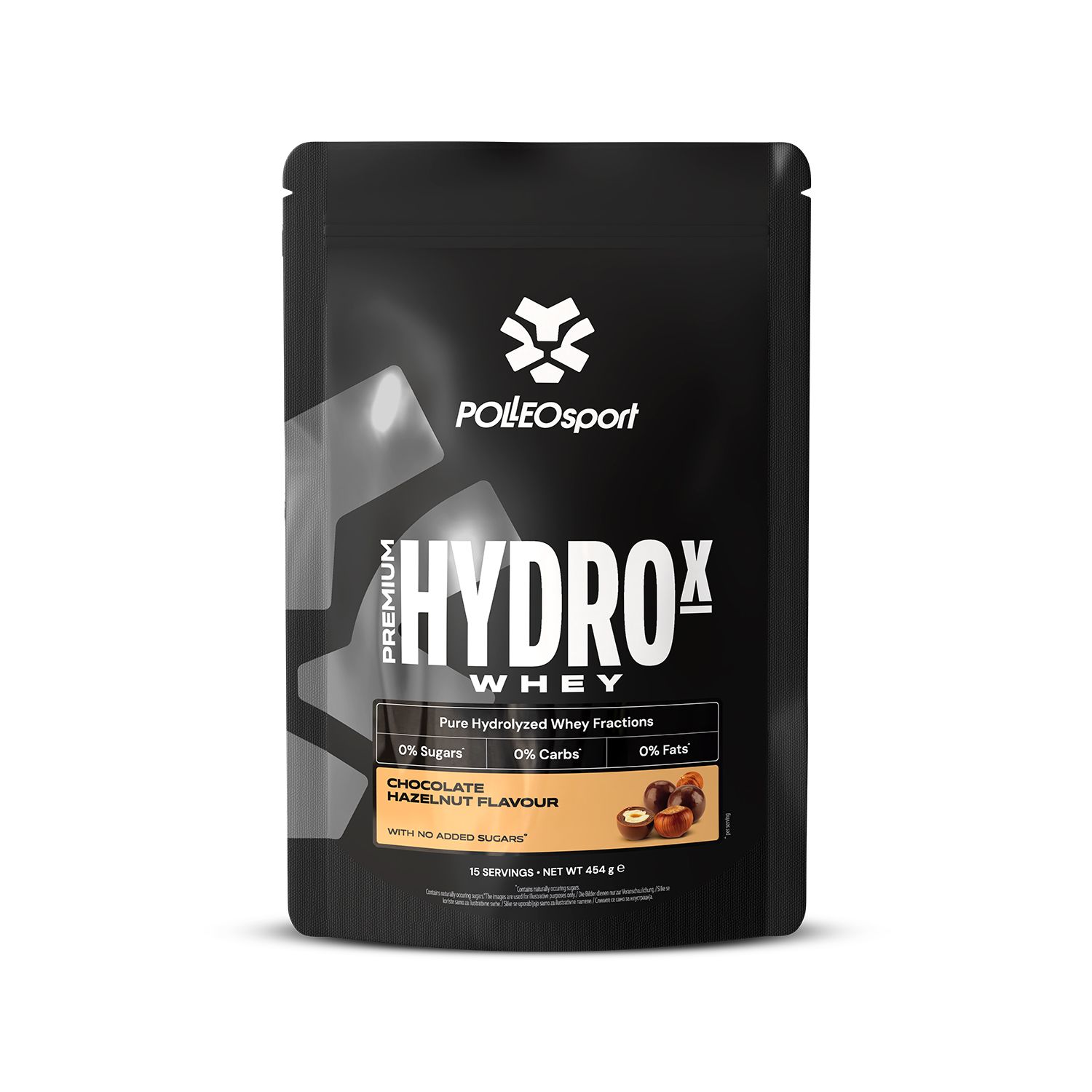 Zwarte zak "HYDROX Whey". Smaak chocolade-hazelnoot. Voedingsinformatie en logo zichtbaar.